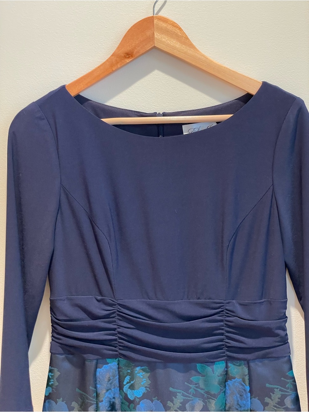 Navy Floral A-Line Dress with Three-Quarter Sleeves - Picture 2 of 3